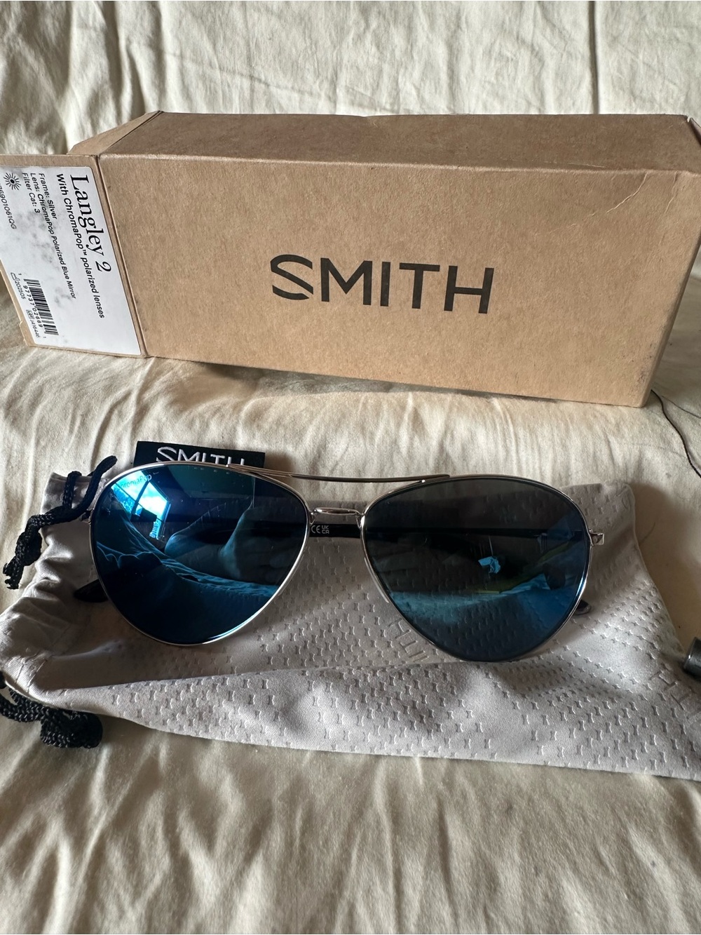 Smith Langley 2 Aviator Sunglasses Silver Blue Mirror Polarized